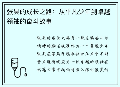 张昊的成长之路：从平凡少年到卓越领袖的奋斗故事